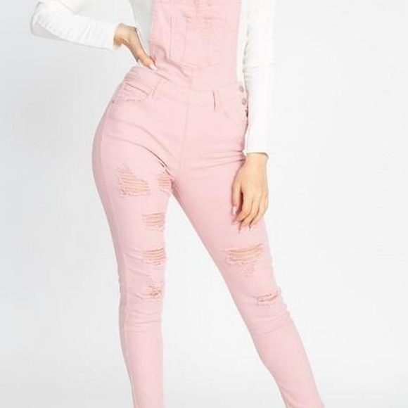 Dusty Rose Pink Distressed Denim Skinny Overalls - Picture 4 of 5